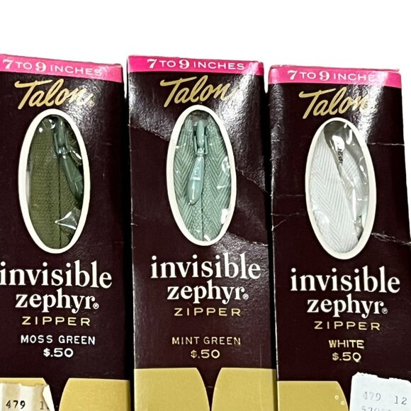 Vintage Talon Invisible Zephyr Zippers 7"-9" White Moss Green & Mint Green Lot o - Picture 2 of 3
